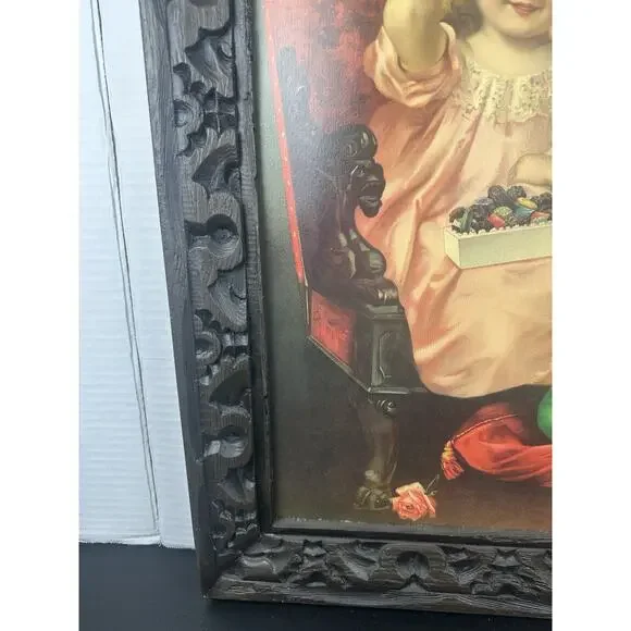Vintage Victorian Lithograph Boy & Girl Print In Solid Wood Frame 20” X 24”
